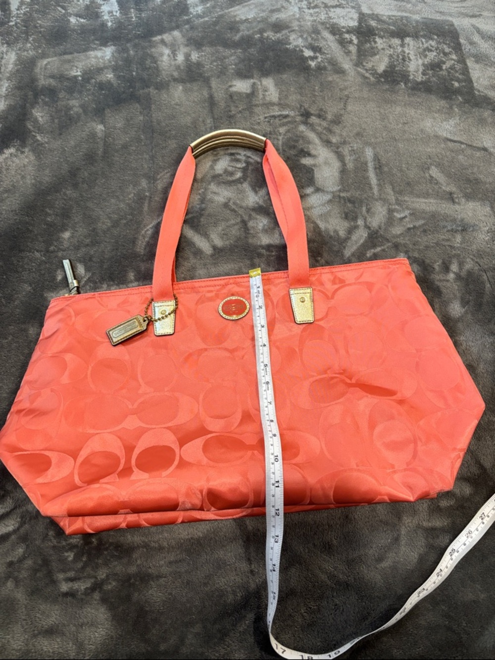 Coach Coral Signature C’s Jacquard Tote with Gold Hang Tag & Accents - Picture 10 of 11